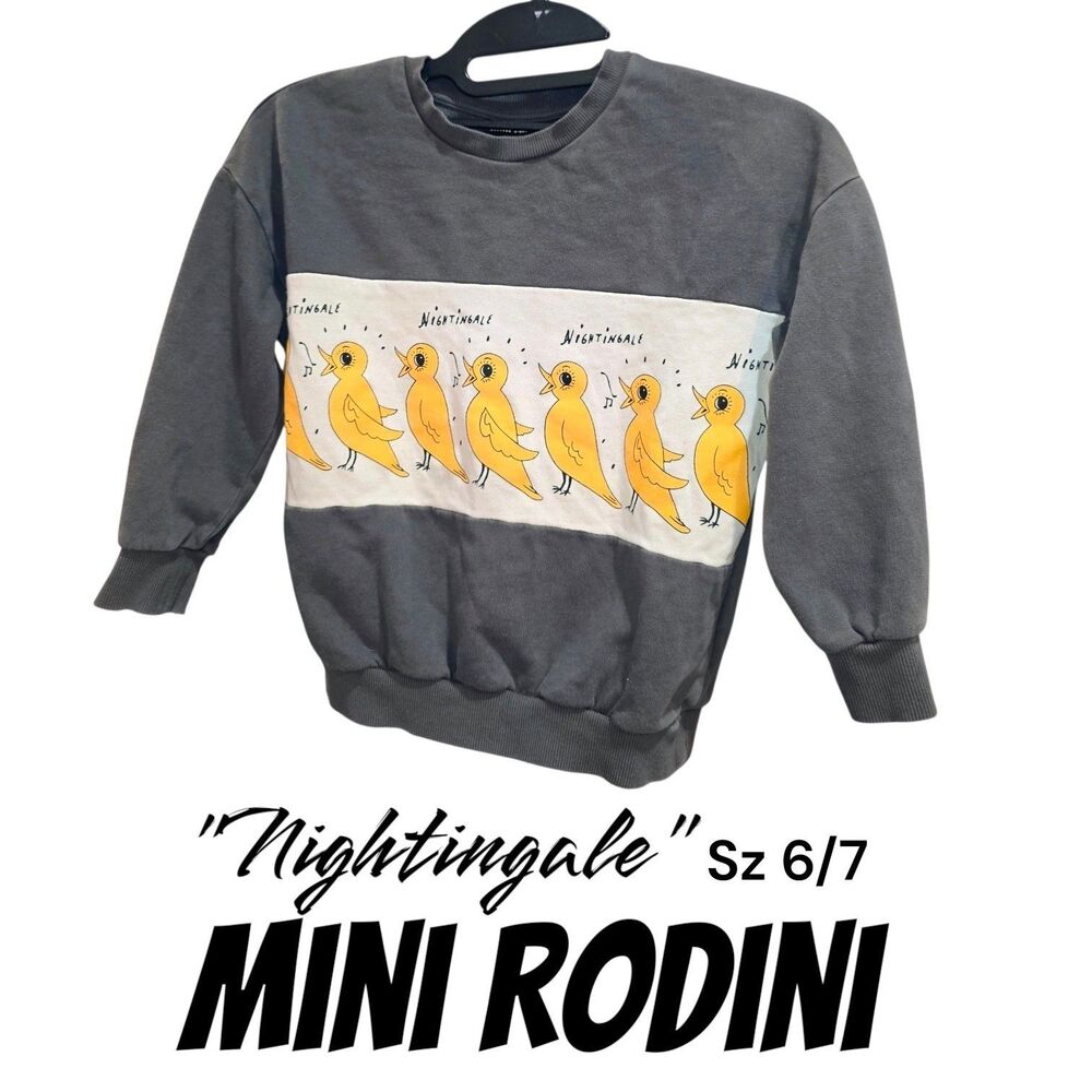 Mini Rodini Sz 6/7 Gray & Yellow Nightingale Birds Graphic Crewneck Sweatshirt
